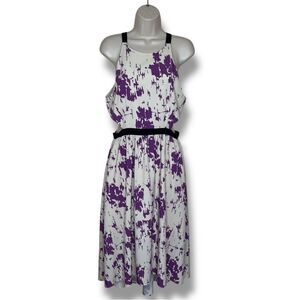 Karen Zambos Purple White Splash Tara Dress Side Cut Outs Halter Women Medium